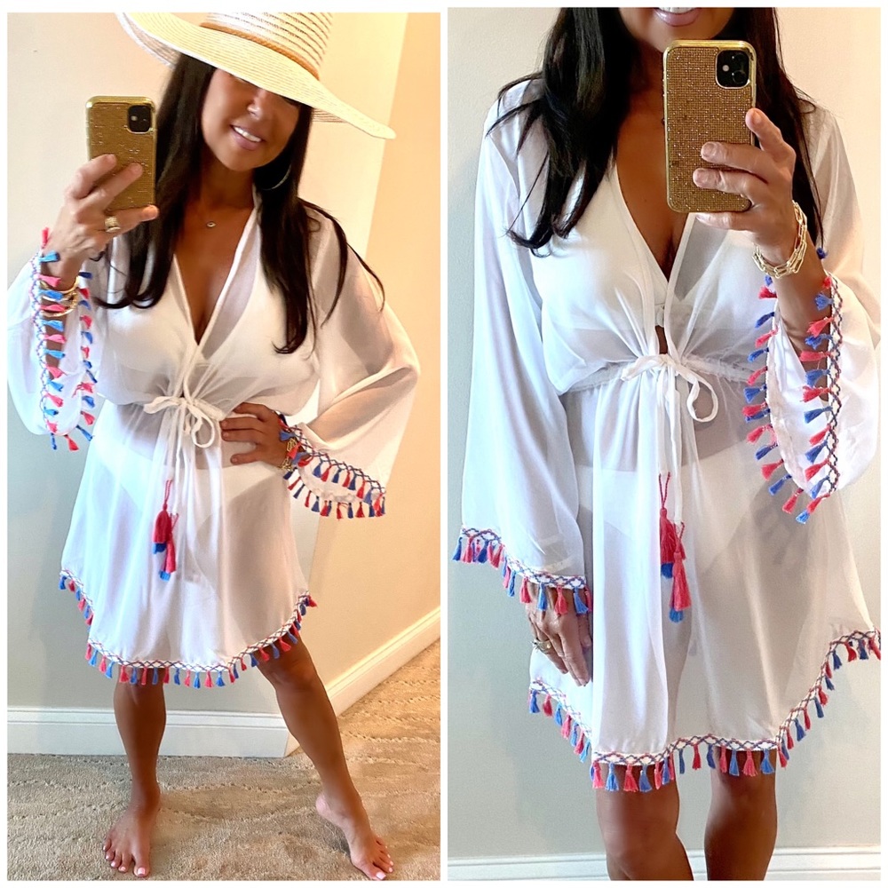 Beach Gypsy Tassel Trim Bell Sleeve Cover Up S-XL